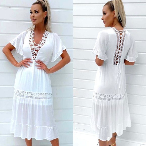 Dresses & Skirts - White Crochet Trim Short Sleeve V-Neck Midi Dress